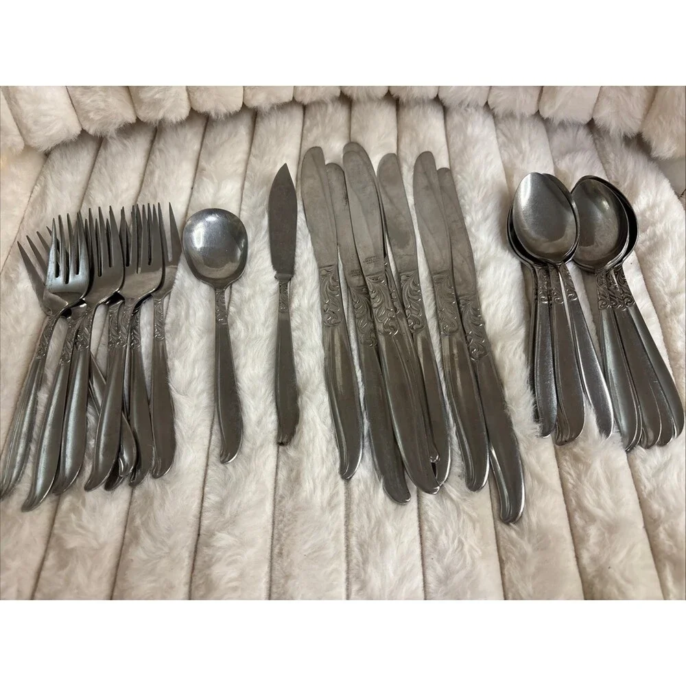 27 Pc Lot Vintage Acsons Stainless Japan Dignity Flatware Set Spreader Forks Et